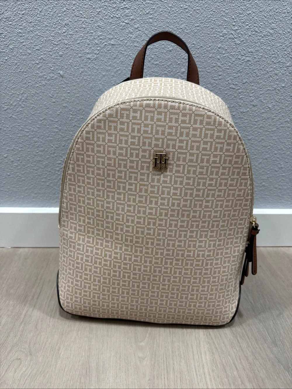 Tommy Hilfiger Beige Monogram Backpack with Brown Accents